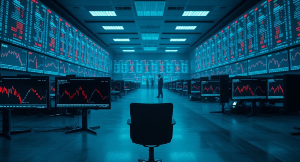 Empty trading floor with cryptocurrency charts on monitors, symbolizing retail investor exodus from crypto market