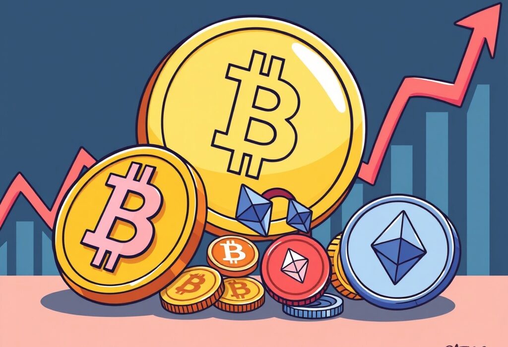 A cartoon illustration showing retail interest shifting from Bitcoin to altcoins and Ethereum, representing changing crypto market trends.