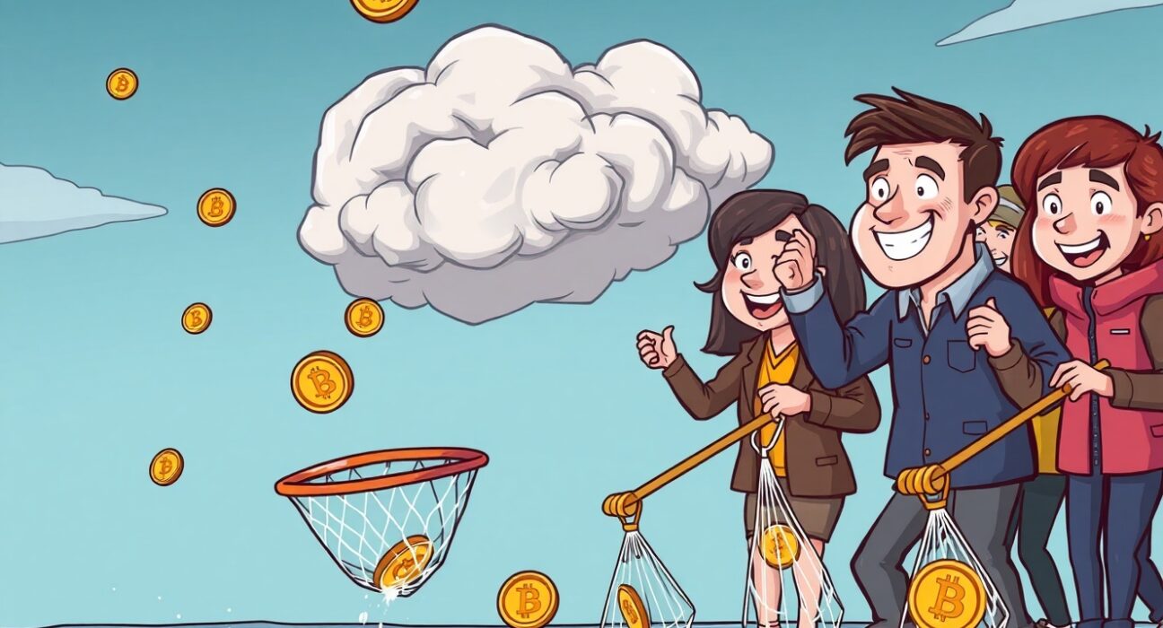 Cartoon showing eager retail investor dip buying crypto, unaware of potential further market declines according to Santiment's analysis.