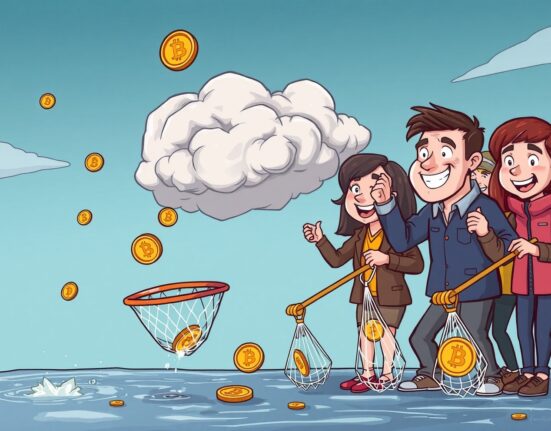 Cartoon showing eager retail investor dip buying crypto, unaware of potential further market declines according to Santiment's analysis.