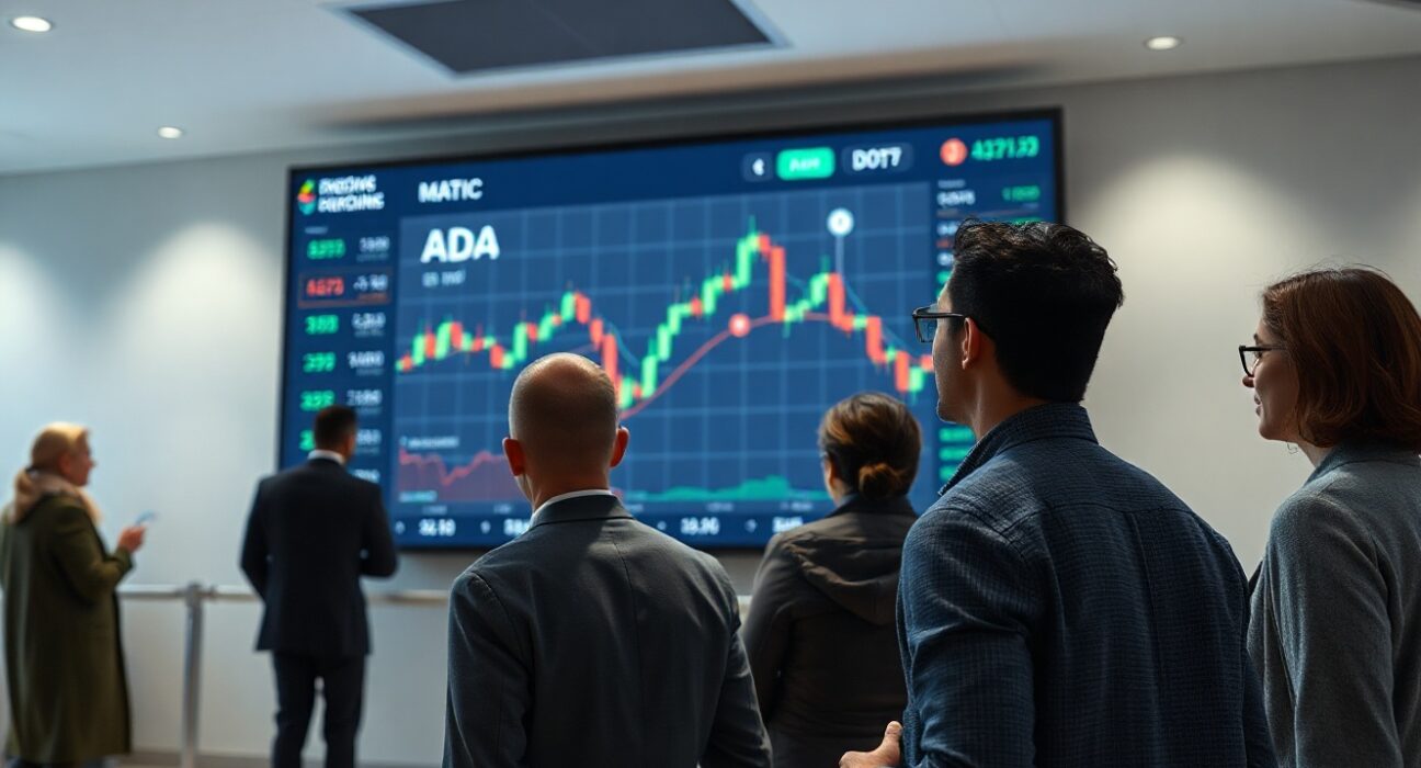 People observing a cryptocurrency market dashboard showing altcoin prices during a market downturn