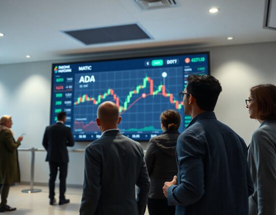 People observing a cryptocurrency market dashboard showing altcoin prices during a market downturn