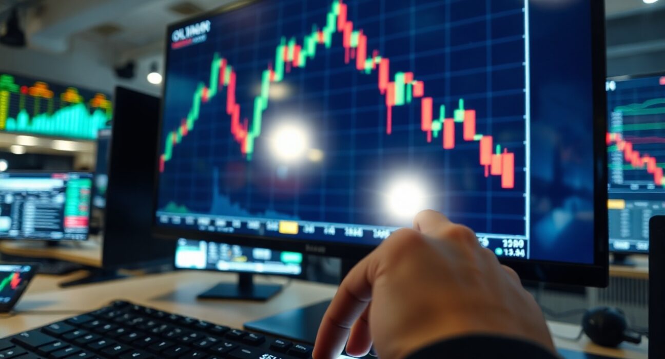 Trader's hand pressing sell on a terminal showing declining oil prices