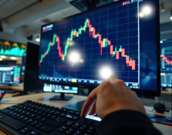 Trader's hand pressing sell on a terminal showing declining oil prices