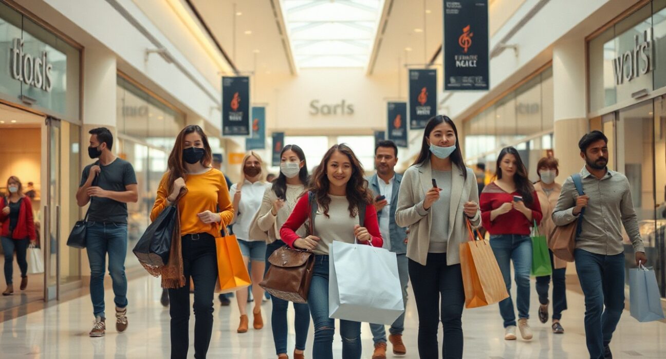 Shoppers carrying bags in a bright, modern mall, illustrating retail sales activity.