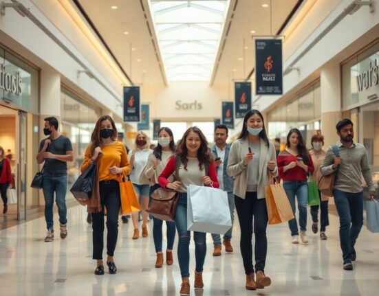 Shoppers carrying bags in a bright, modern mall, illustrating retail sales activity.
