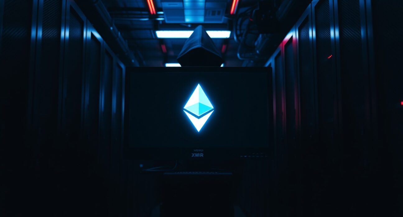 Glowing Monero logo on a monitor in a dark server room, representing the RetoSwap hack.