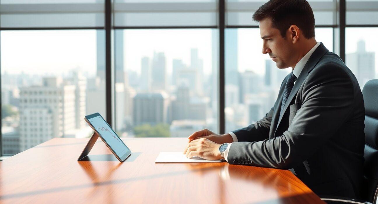 Financial analyst studying Core PCE inflation chart on tablet in office