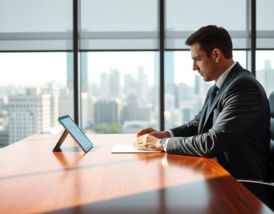 Financial analyst studying Core PCE inflation chart on tablet in office