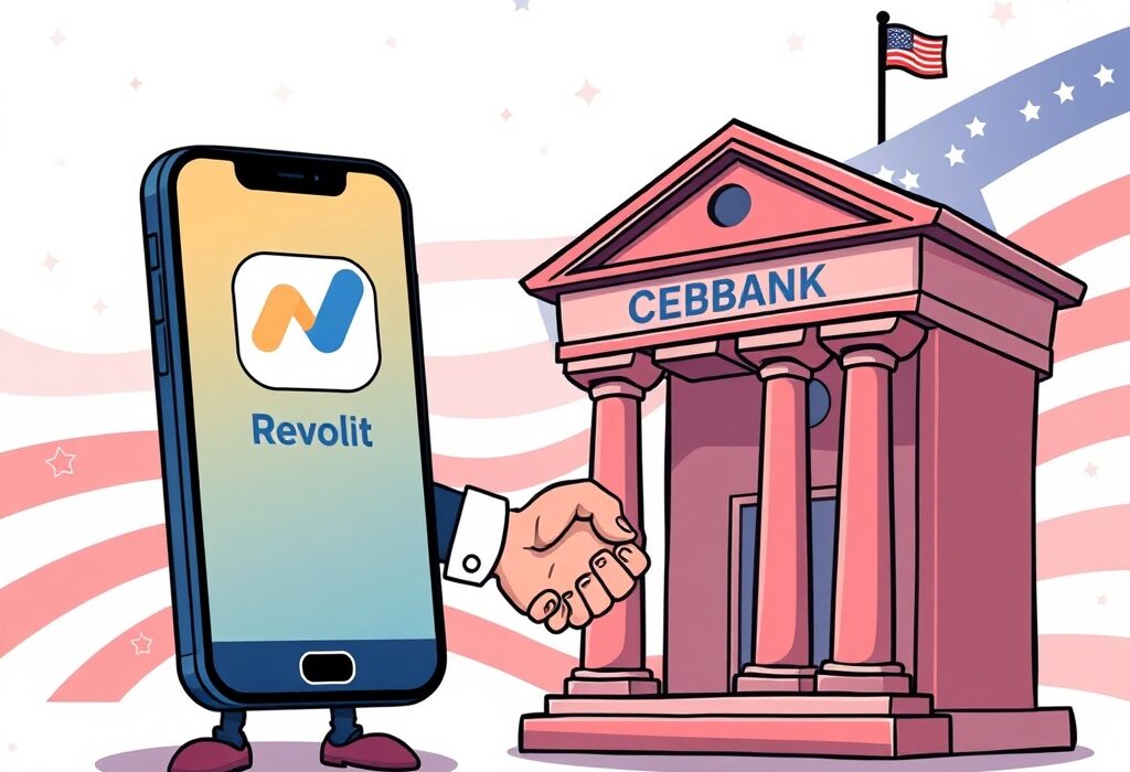 A cartoon illustration depicting the strategic Revolut acquisition of a US bank, symbolizing growth and expansion.
