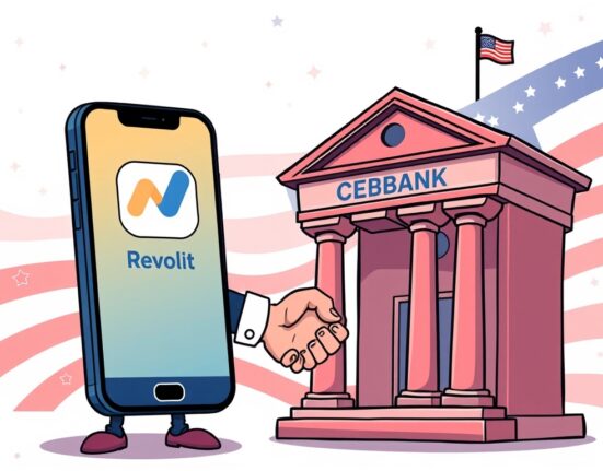 A cartoon illustration depicting the strategic Revolut acquisition of a US bank, symbolizing growth and expansion.