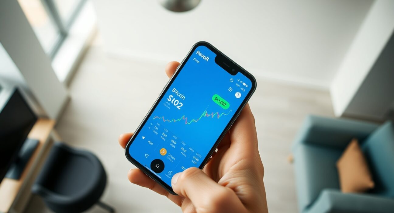 Close-up of a smartphone showing Revolut app with Bitcoin price erroneously at $0.02