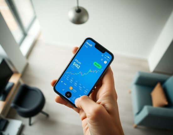 Close-up of a smartphone showing Revolut app with Bitcoin price erroneously at $0.02