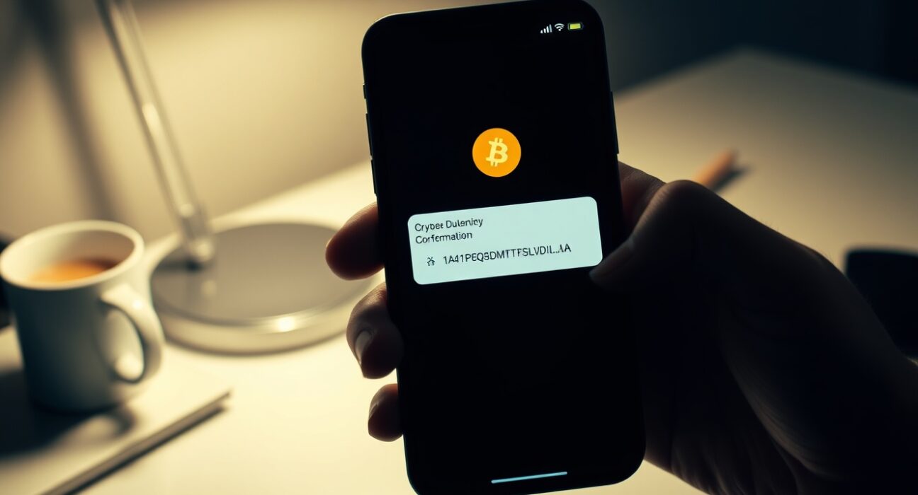 Smartphone showing a Bitcoin transaction to the Satoshi Nakamoto address on a crypto wallet app.