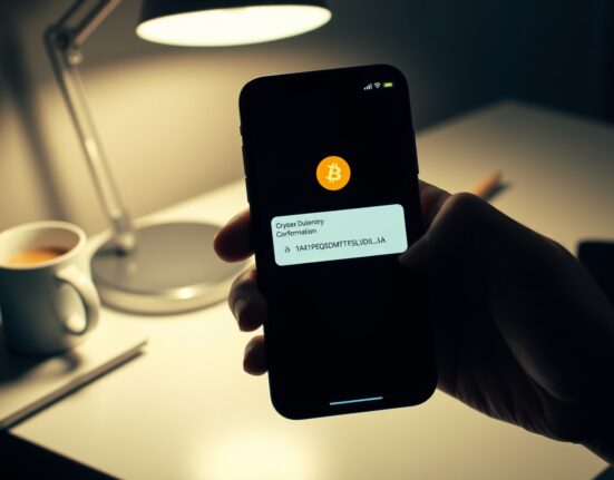 Smartphone showing a Bitcoin transaction to the Satoshi Nakamoto address on a crypto wallet app.