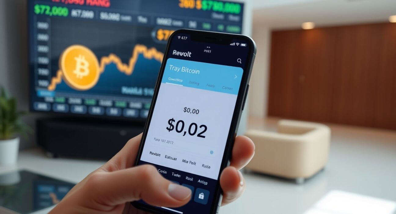 Smartphone showing Revolut app with Bitcoin price at $0.02 while market screen shows $79,000