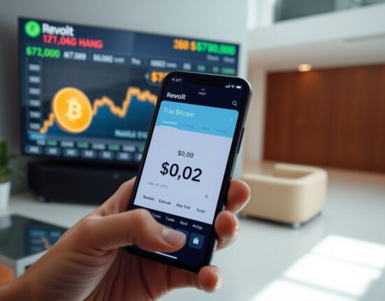 Smartphone showing Revolut app with Bitcoin price at $0.02 while market screen shows $79,000