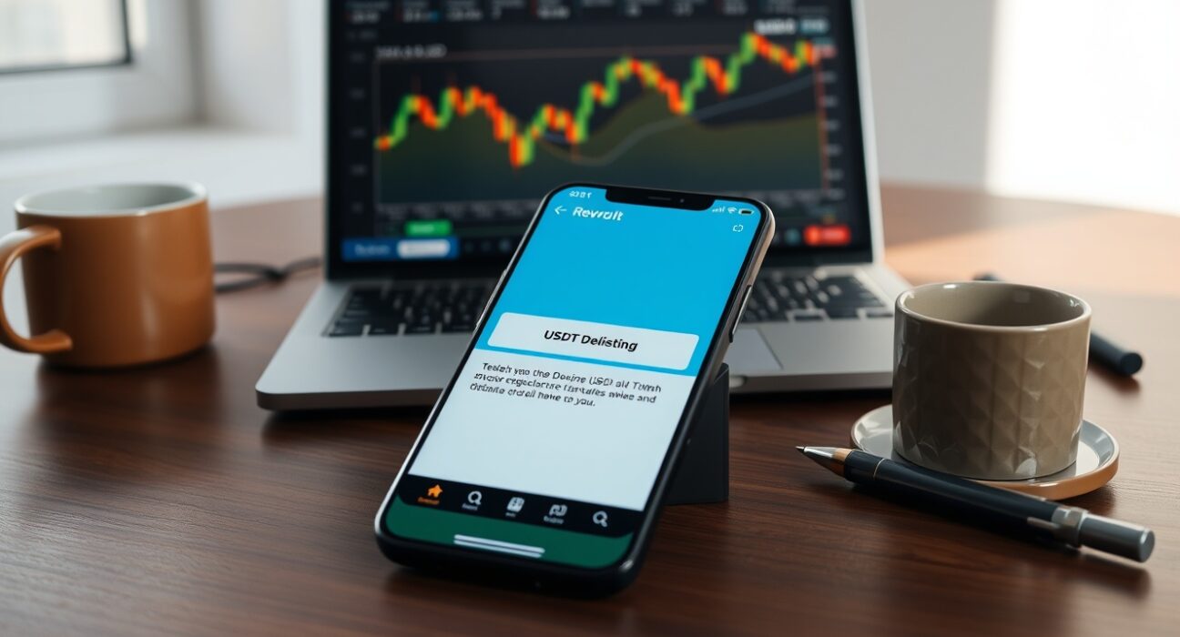 Revolut app on smartphone showing USDT delisting notification with Tether chart on laptop in background