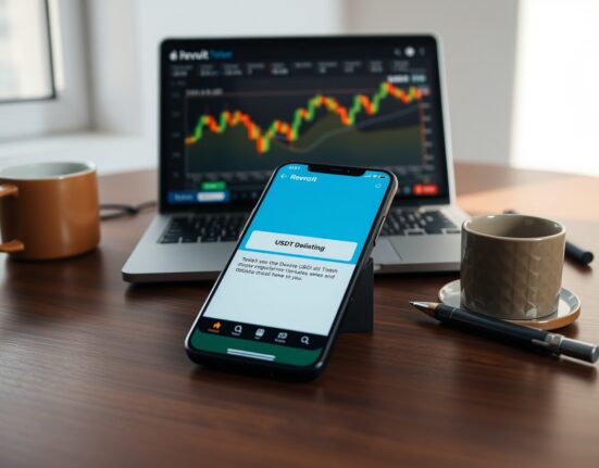 Revolut app on smartphone showing USDT delisting notification with Tether chart on laptop in background