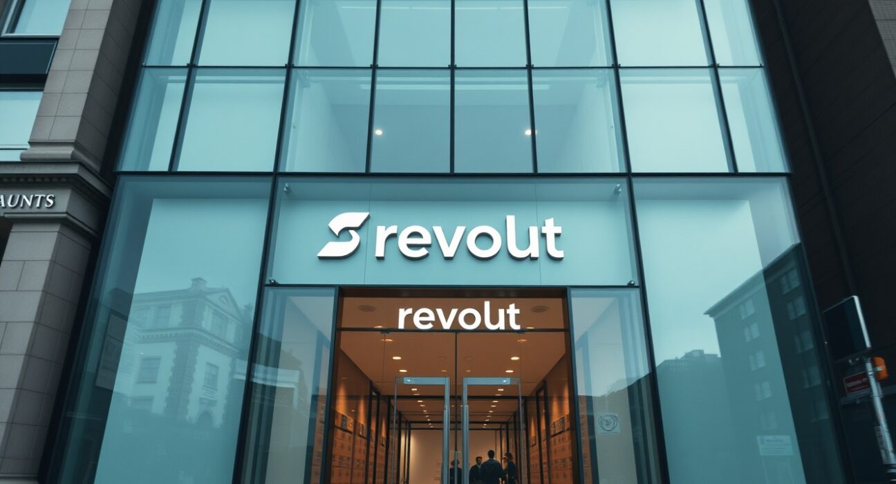 Revolut office building exterior under overcast sky, symbolizing corporate growth and valuation increase
