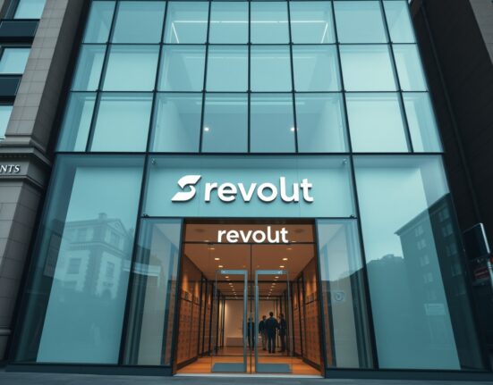 Revolut office building exterior under overcast sky, symbolizing corporate growth and valuation increase