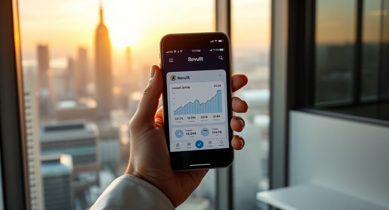 Revolut app on smartphone with investment charts in modern office setting