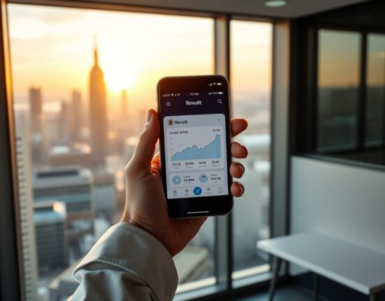 Revolut app on smartphone with investment charts in modern office setting