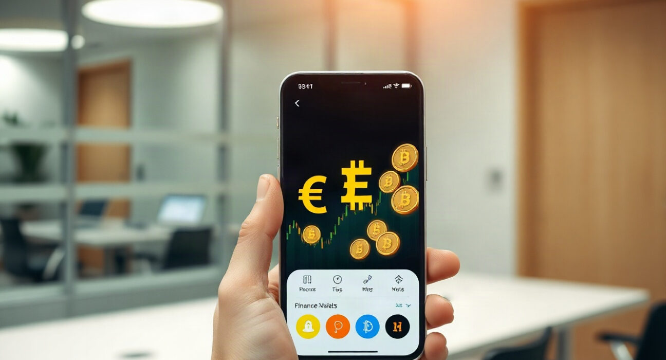 Smartphone displaying Revolut app with euro stablecoin trading interface