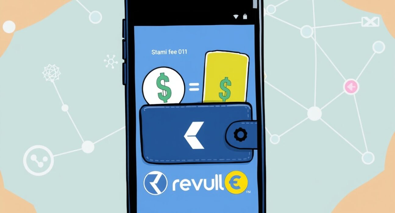Cartoon illustration of Revolut stablecoin swap on a smartphone, showing seamless, fee-free exchange between USD and stablecoins.