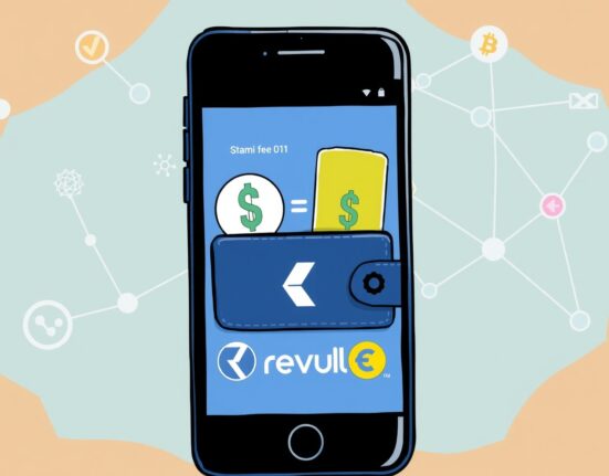 Cartoon illustration of Revolut stablecoin swap on a smartphone, showing seamless, fee-free exchange between USD and stablecoins.