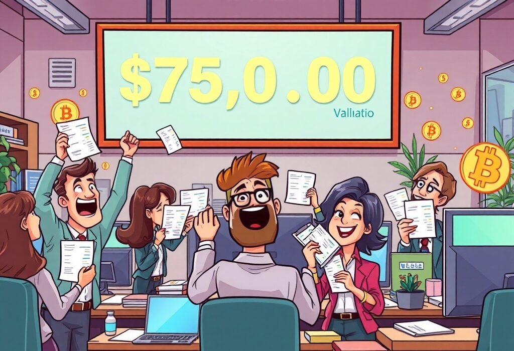 A cartoon image showing Revolut employees celebrating a significant Revolut stock sale, highlighting their financial opportunity.