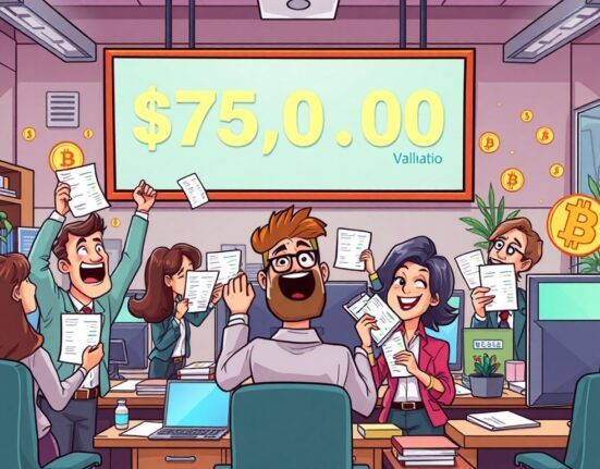 A cartoon image showing Revolut employees celebrating a significant Revolut stock sale, highlighting their financial opportunity.
