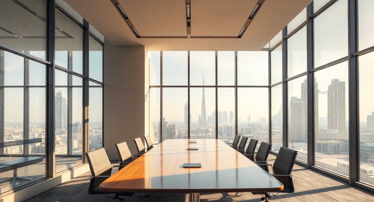Revolut office interior with Dubai skyline view, representing its new UAE license and Middle East market entry.