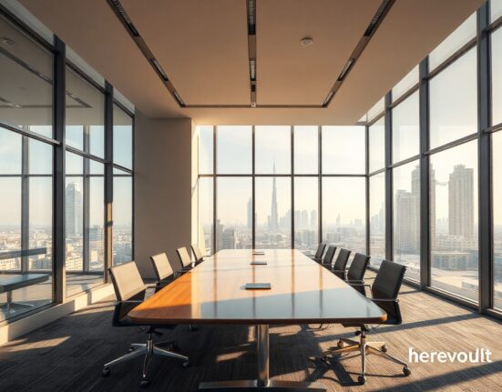 Revolut office interior with Dubai skyline view, representing its new UAE license and Middle East market entry.