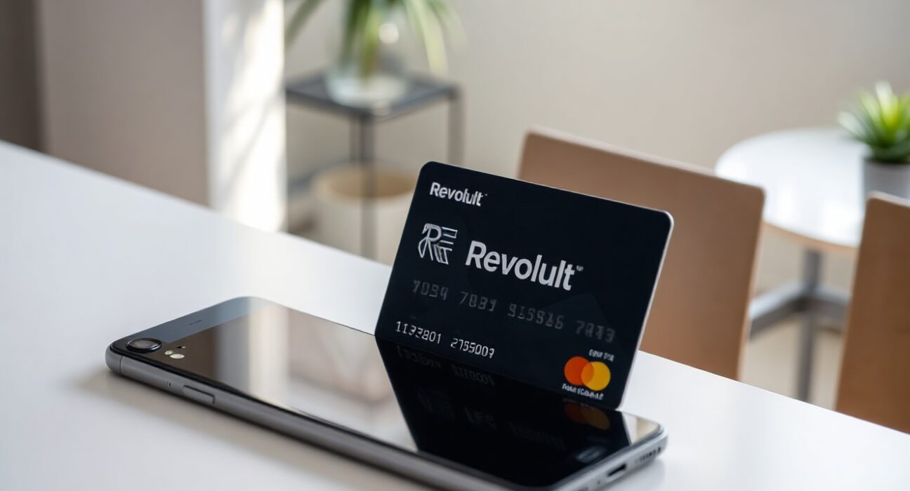 Revolut card and smartphone app showing crypto trading interface on a modern desk