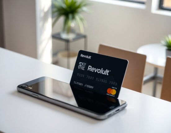 Revolut card and smartphone app showing crypto trading interface on a modern desk