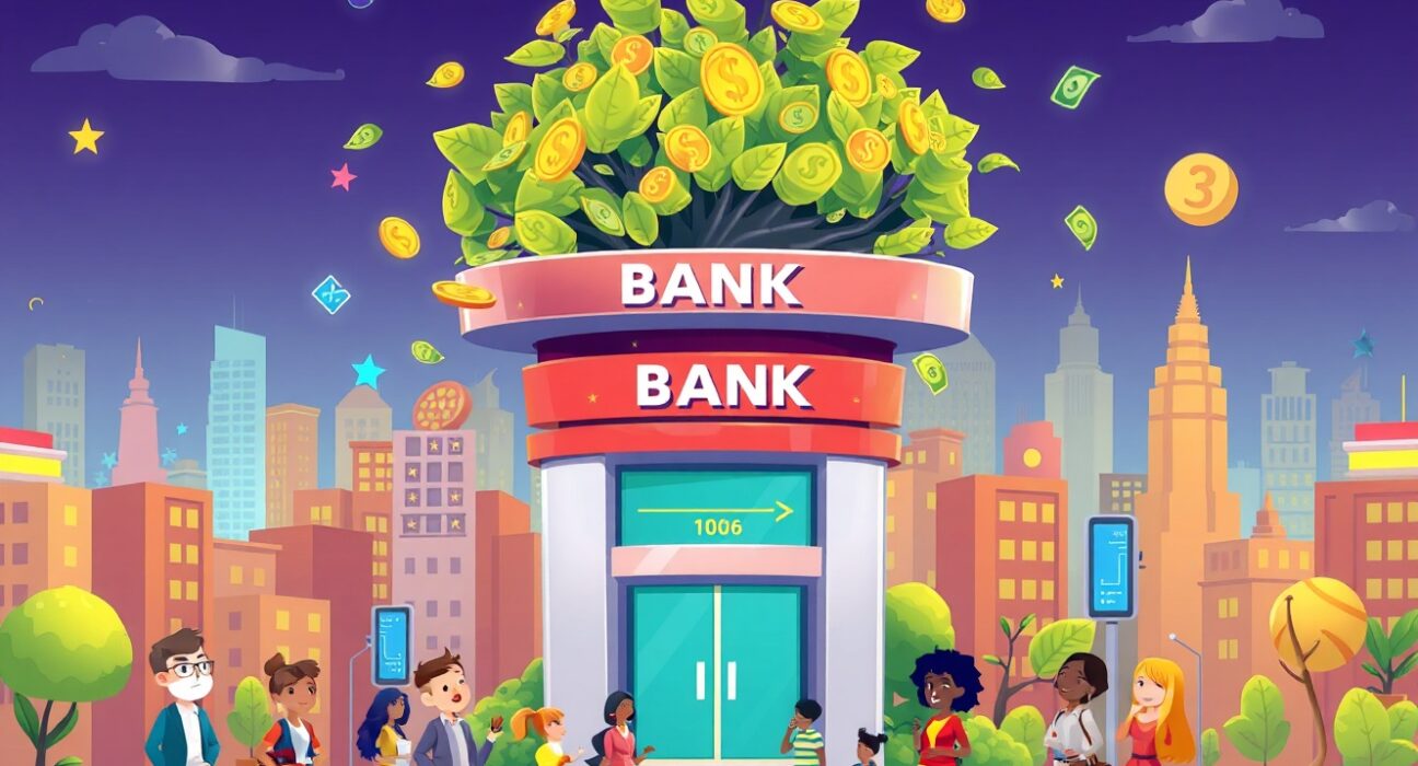 Revolut valuation growth shown through vibrant cartoon bank expansion with digital money symbols
