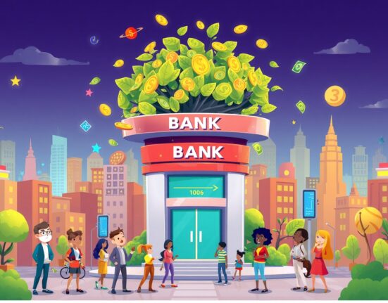 Revolut valuation growth shown through vibrant cartoon bank expansion with digital money symbols