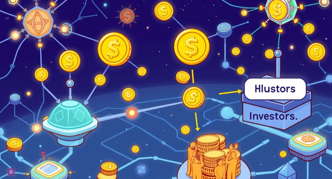 A cartoon illustration showing the strategic distribution of KITE tokenomics, highlighting allocations for community, team, and investors within an AI blockchain network.