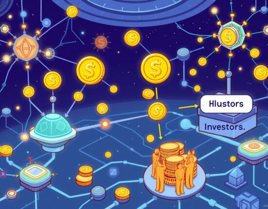 A cartoon illustration showing the strategic distribution of KITE tokenomics, highlighting allocations for community, team, and investors within an AI blockchain network.