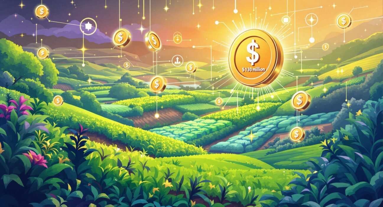 A cartoon illustration showing the transformative impact of XRPL agricultural securities on Brazilian agribusiness, connecting digital finance with farming.