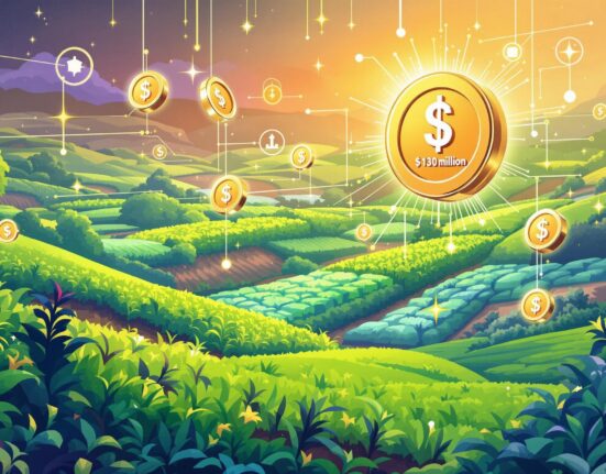 A cartoon illustration showing the transformative impact of XRPL agricultural securities on Brazilian agribusiness, connecting digital finance with farming.