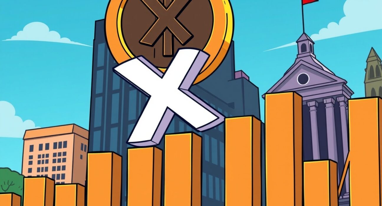 A cartoon illustration showing a digital asset chart soaring, symbolizing the remarkable trading volume of the new XRP ETF.