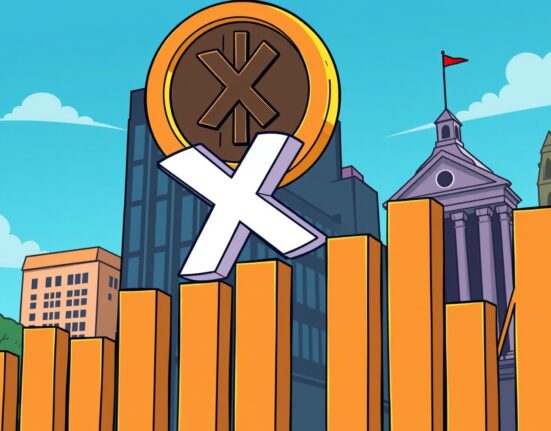 A cartoon illustration showing a digital asset chart soaring, symbolizing the remarkable trading volume of the new XRP ETF.