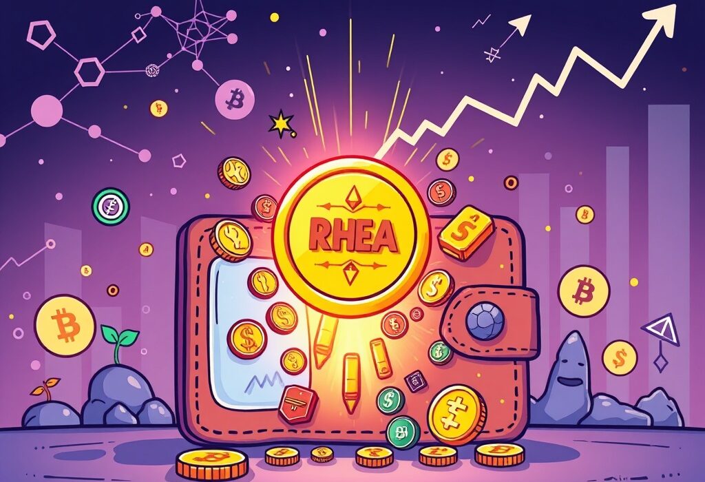 A cartoon illustration showing a digital wallet highlighting the upcoming Rhea Finance (RHEA) listing on Binance Alpha, symbolizing new crypto opportunities.
