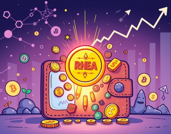 A cartoon illustration showing a digital wallet highlighting the upcoming Rhea Finance (RHEA) listing on Binance Alpha, symbolizing new crypto opportunities.