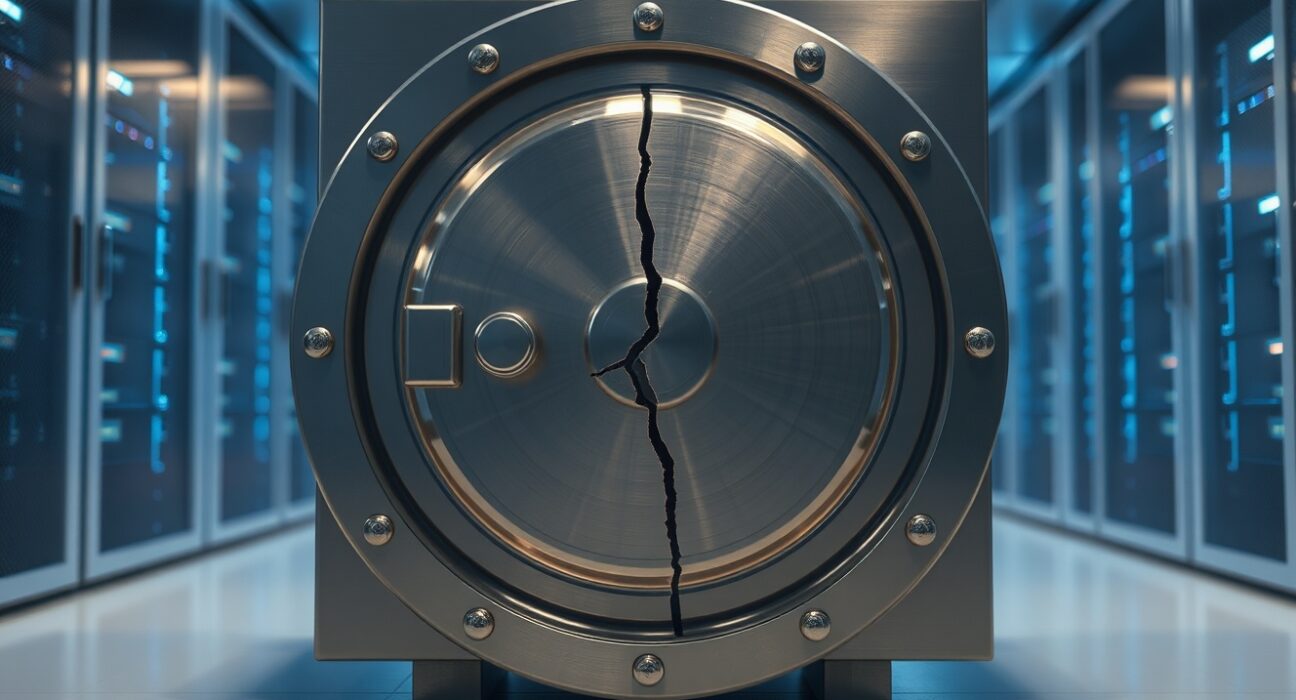 Rhea Finance hack analysis showing a compromised digital security system representing the $18.4 million exploit.