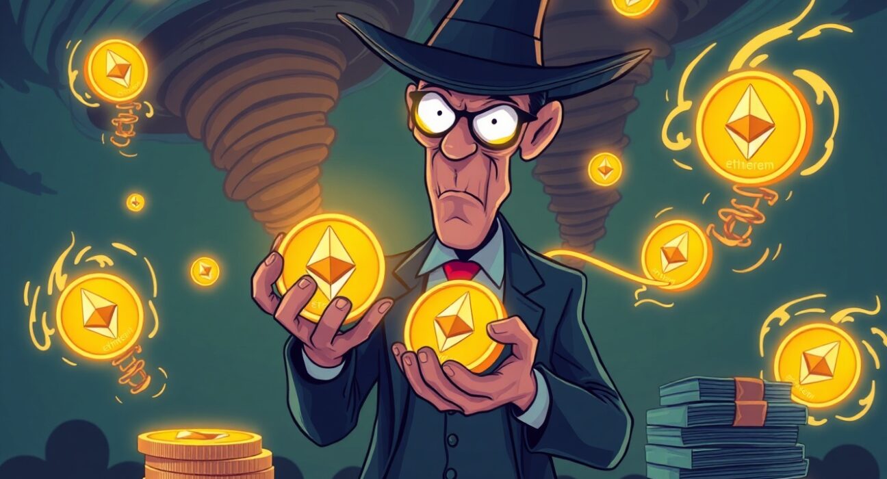 Richard Heart ETH sale depicted through cartoon cryptocurrency transaction with tornado background