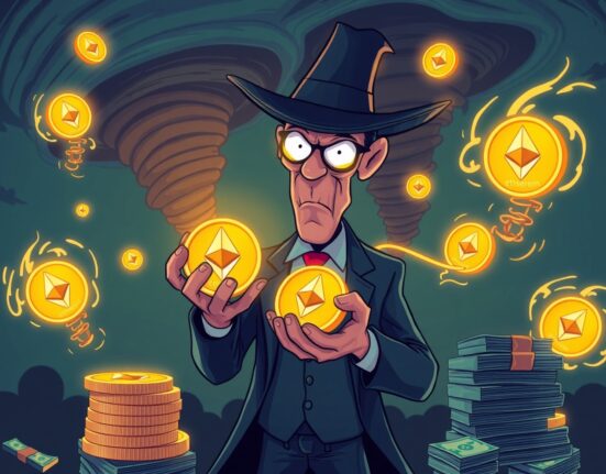 Richard Heart ETH sale depicted through cartoon cryptocurrency transaction with tornado background