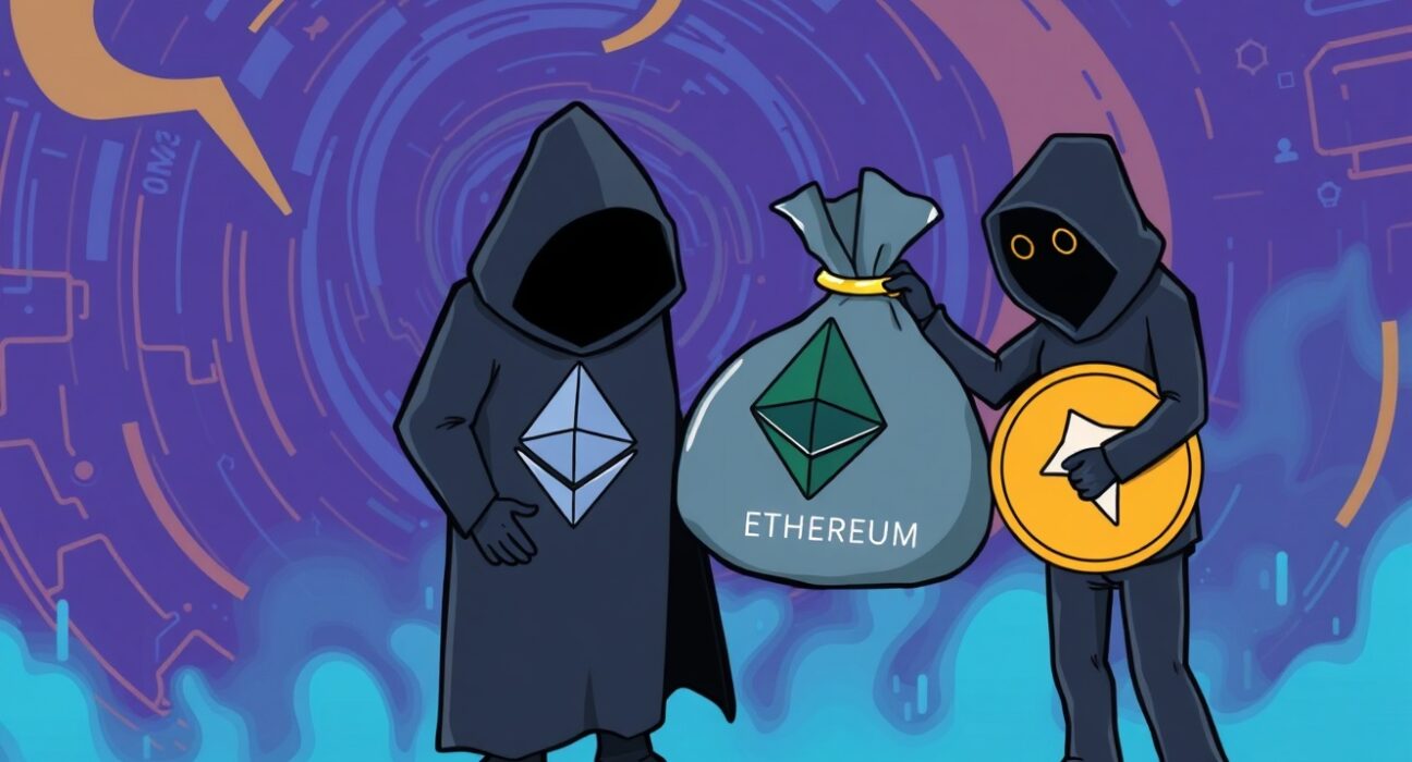 A cartoon illustration showing a large Richard Heart ETH transfer moving into a mixing service, symbolizing privacy and significant crypto movements.